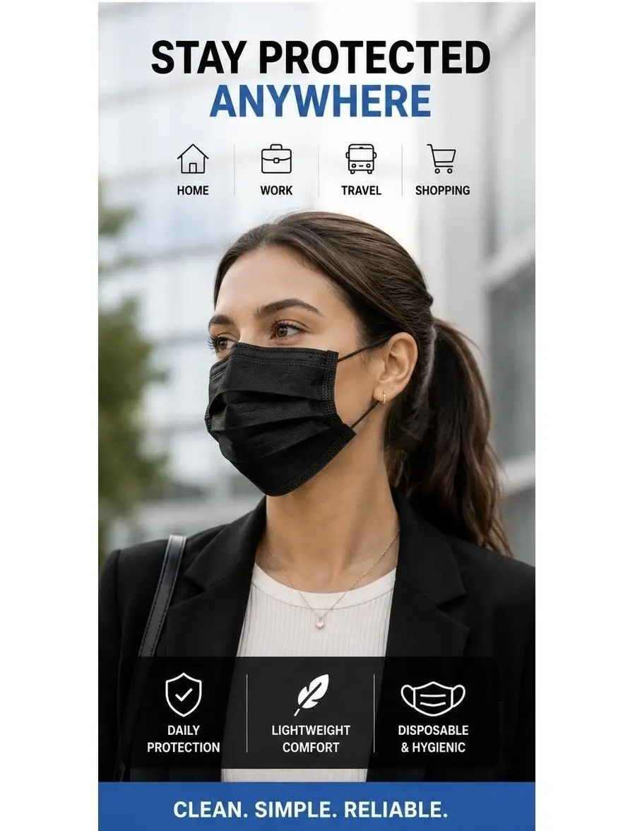 Sleek Black Disposable Protective Face Mask, 50 Masks per Box, 3-Ply Non-Woven Design with Soft Loops, Breathable & Lightweight for Work, Black Disposable Masks, 50‑Pack Value