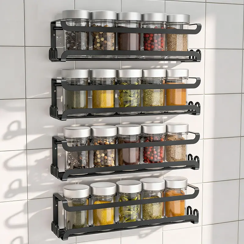 4PACK Wall Mounted Spice Rack with 8 Hooks Rust Resistant Metal Organizer Shelf for Kitchen RV Stove Cabinet Pantry Door Screw or Adhesive Hanging Spice Rack