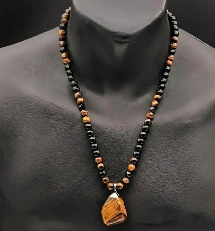 Men's Geometric Tiger Eye Pendant Necklace with Heavyweight Beaded Chain, A Spiritual Negativity Blocker for Grounded Confidence & Energy Clearing, Stone Of Courage, Power Stone, Chunky Jewelry, Spiritual Jewelry, Meaningful Gifts, 26-28 Inch, One-Piece