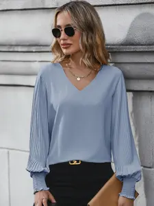 Women's Plain Shirred V Neck Bishop Sleeve Blouse, Elegant Fitted Long Sleeve Top for Fall & Winter, Women's Clothing Womenswear for Work Office Business Shirts, Lady