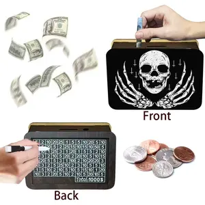 Wooden Piggy Money Box with Dual-Sided Design, Digital Spooky Skull Pattern, Ideal for Teenagers, Perfect Gift for Birthdays & School Seasons, Wooden Savings Box
