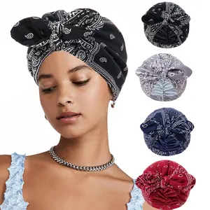 Women's 2-Pack Satin-Lined Pre-Tied Stretch-Fit Beanies, Heatless Haircare Daily Chemo Headwear, Cashew Print Knot Turban Bonnet Head Covering,summervibes