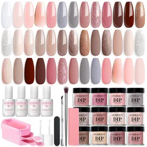 31 Pcs Dip Powder Nail Kit  Glitter Nude Brown Pink White Gray Dip Powder Liquid Set with Top Base Coat Activator for French Nails Art Manicure DIY Salon Women Valentine's Gift Polish Brush Storage Cutics