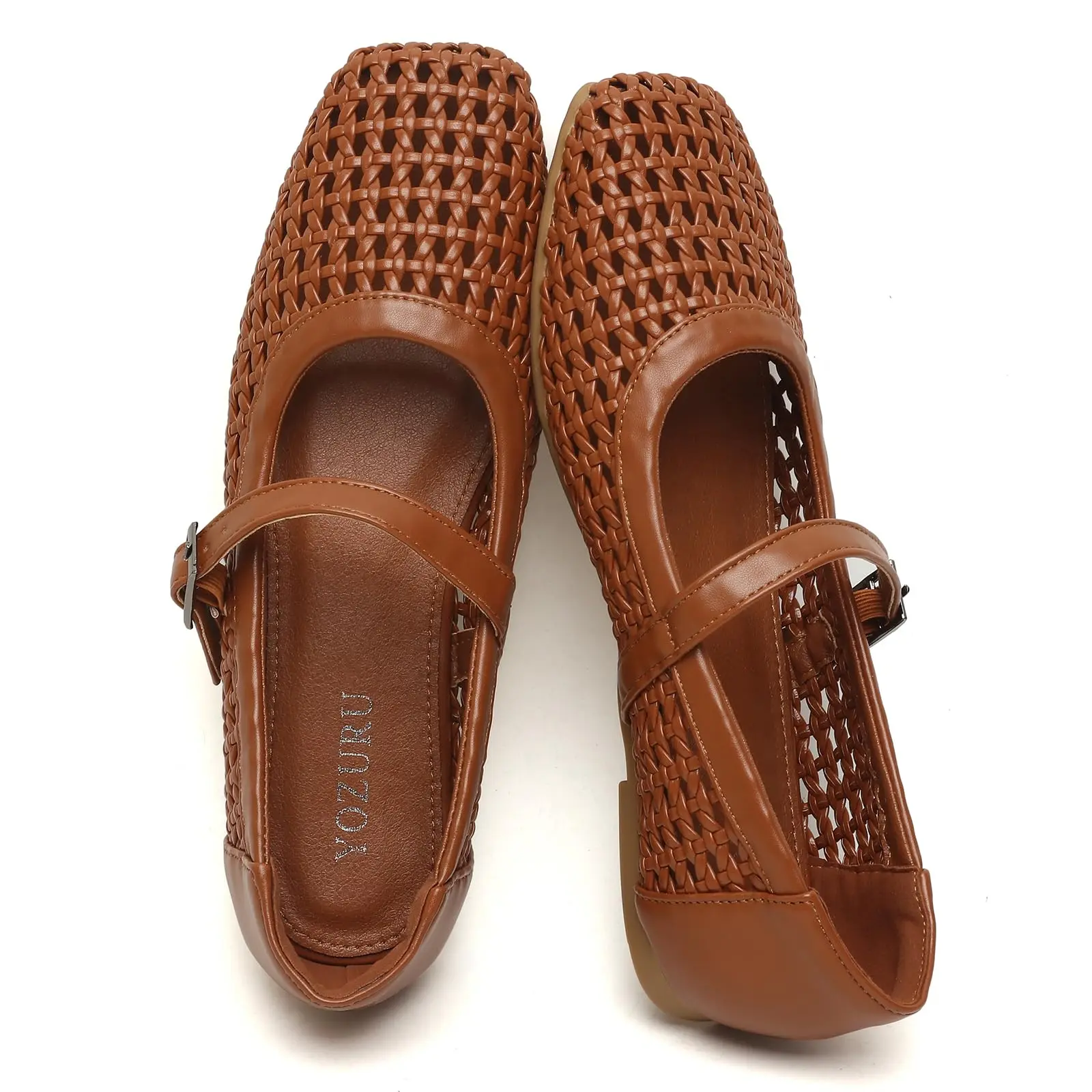 Women's Woven Mesh Mary Jane Ballet Flats – Squared Toe Buckle Strap Comfortable Casual Dressy Leather Flats for Women