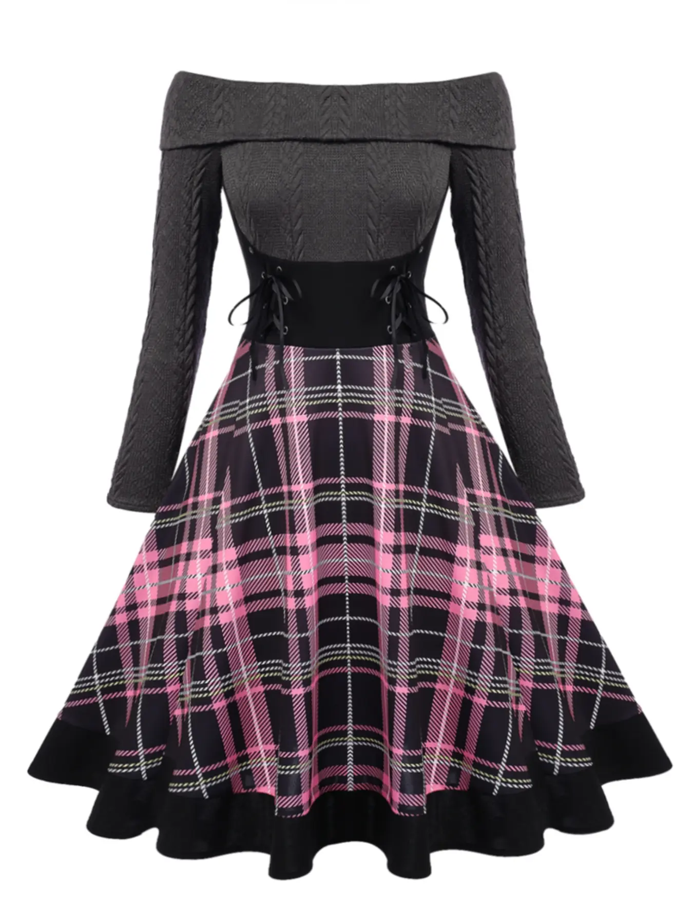 Women's Retro Vintage Plaid Off-Shoulder Knit Dress, Casual Dresses, Plus Size Long Sleeve Fall & Winter Fashion, Slim-Fitting Casual Wear