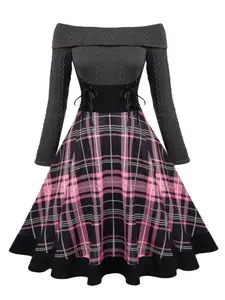 Women's Retro Vintage Plaid Off-Shoulder Knit Dress, Casual Dresses, Plus Size Long Sleeve Fall & Winter Fashion, Slim-Fitting Casual Wear