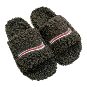 Womens Dark Brown Fuzzy Open Toe Slide Slippers, Curly Teddy Fleece House Slides with Red & White Striped Accent, Soft Plush Lined Indoor Outdoor Slippers for Fall Winter