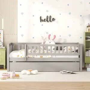 [Bellemave]Twin /FullSize Wood Daybed with Trundle and Fence Guardrails