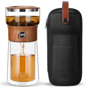 ZENS Modern Borosilicate Glass Teapot with One-Touch Infuser for Loose Leaf Tea Insulated Mug Portable Tea Kit for Office Travel Ideal Gift for Tea Lovers - Wooden