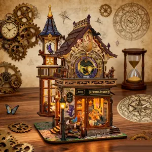 DIY Time Magic Club Mini Model Kit, Fantasy Clock Tower Scene with Music Box and Real Clock, 3D Assembly Decoration, Perfect Gift, DIY Building Model