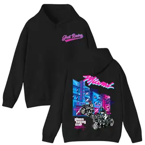 Ghost Racing Miami Neon Hoodie, Graphic Motorcycle Racing Sweatshirt, Vibrant City and Riders Design, Unisex Racing Apparel