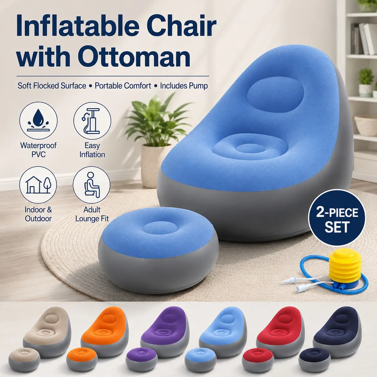 Inflatable Chair with Ottoman, Flocked PVC Lazy Sofa Lounge Chair with Pump, Waterproof Portable Blow Up Air Couch, Flocking Air Couch, Foldable Footrest Recliner for Adults, Gaming, Camping, Patio, Living Room, Bedroom & Outdoor Relaxing