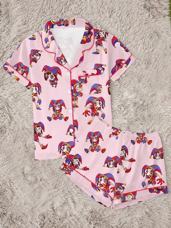 Kawaii Cartoon Pajamas for Women, Button Down Lounge Set, Short Sleeve Summer PJs, Cute Printed Sleepwear, Lightweight Homewear, Gift for Her