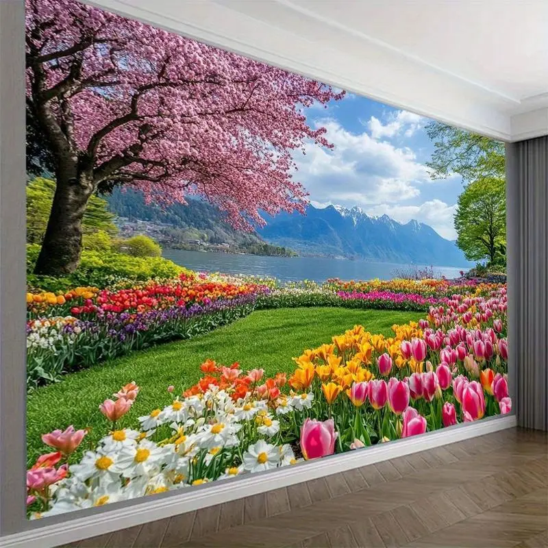 1pc Vibrant Jungle Plant Tapestry Wall Mural - Lush Floral Designs Garden Scene with Blooming Flowers & Mountain View, Horizontal Polyester Backdrop for Party & Outdoor Terrace Decor, Decoration Items, No Electricity Needed