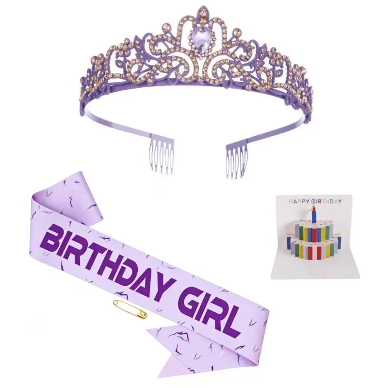 Purple Rhinestone Tiara and Birthday Girl Sash Set, Princess Crown Headband with Hair Combs, Birthday Sash Crown Kit for Women Girls Birthday Party Decor Photo Props