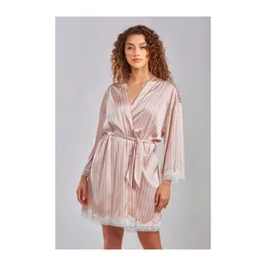iCollection Satin Stripe Robe with Lace Trim