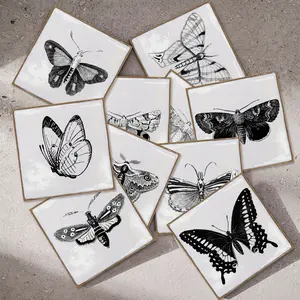 10/30/50PCS PBS Provence Square Tile Stickers, PVC Thickened Crystal Film Vintage Black & White Butterfly Sketch Waterproof Oil-Proof Peel & Stick for Kitchen Bathroom Home Decor