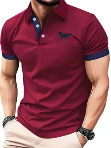 Men's Summer Casual Classic Short Sleeve Horse Print Fitted Polo Shirt, Golf Style, Office/daily/golfing, Perfect Gift for Husband/father