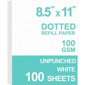 Letter Size Unpunched Dotted Refill Paper, Loose Leaf Filler Paper for Ring Binder/Disc Notebook Planner Inserts, 100gsm Dot Grid White Paper, 100Sheets/200Pages, 8.5'' x 11''