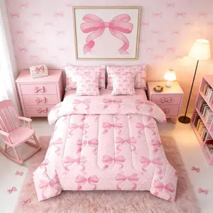 Feelyou 7-Piece Pink Polka Dot Bowknot Princess Bedding Set - Comforter, Sheets, Coquette Ribbon Bed Bag, Girly Bedroom Decor, Ideal Gift for Girls