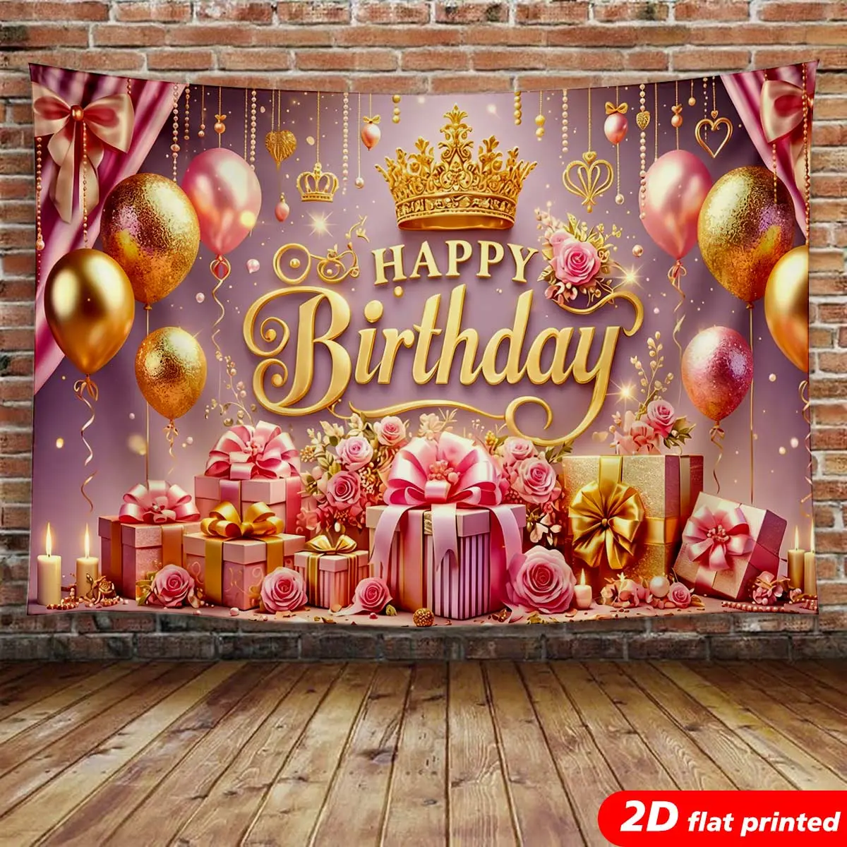 Pink Gold Happy Birthday Tapestry Wall Hanging - Royal Crown, Rose, Gift Balloon Design 2D Flat Printed Backdrop for Women's Birthday Party & Aesthetic Home Decor (Floral Decorations, Elegant Style, Faux Floral, Glamorous, Girly Tapestries), Floral Decora
