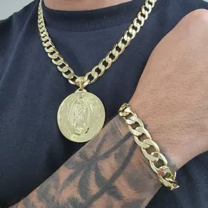 ViOrO 14K Gold Plated 10mm Cuban Link Chain with Bracelet and Virgen Pendant for Dairy Use. Electro Laminated Premium Jewelry