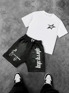 Men's Star Graphic Print Short Sleeve T-Shirt and Drawstring Shorts Set, Casual Round Neck Tee and Gym Shorts, Summer Clothing