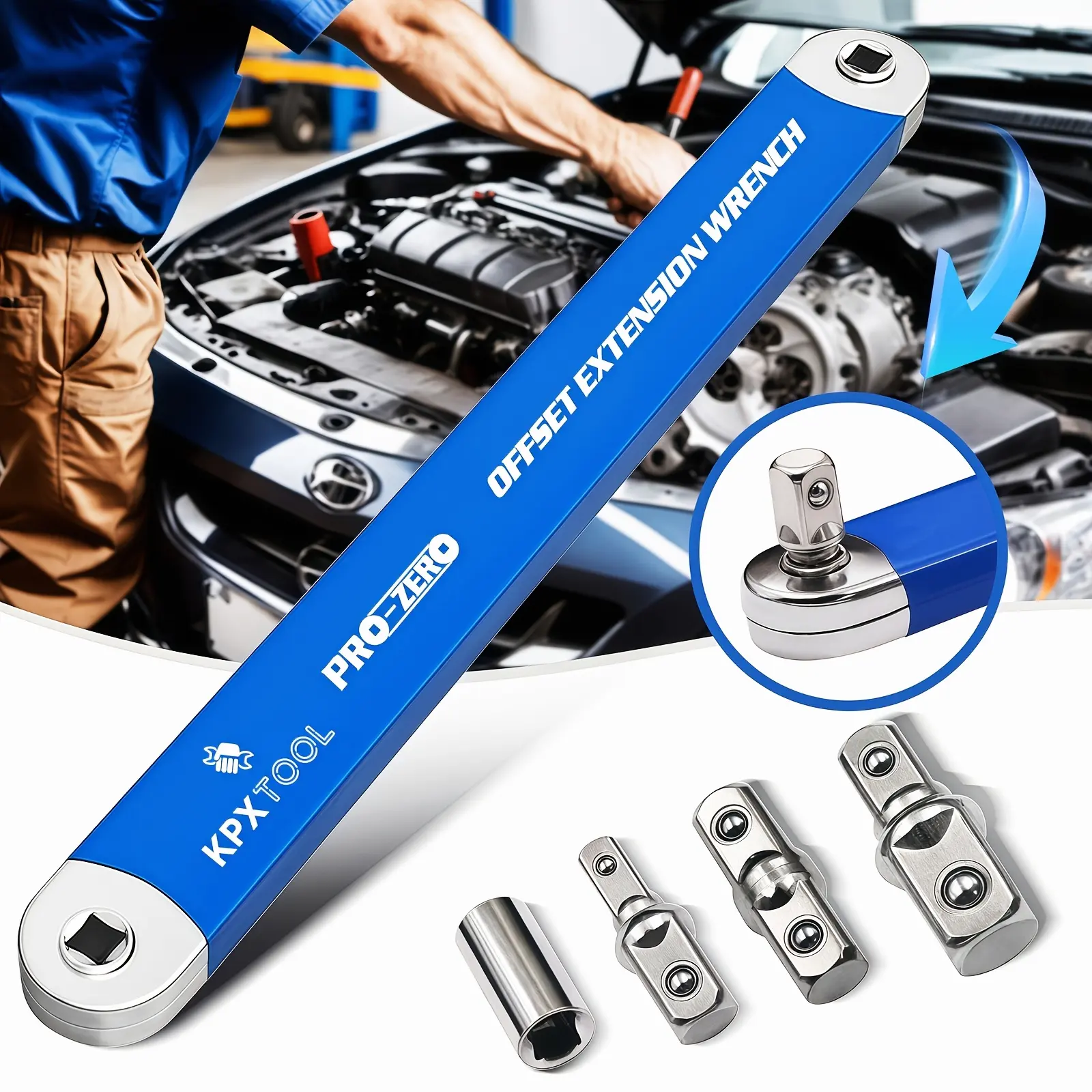 2-in-1 Multi-Function Ratchet Offset Extension Wrench | With 1/2", 1/4" and 3/8" Square Head Adapters, 180 Degree Swivel, High Torque, Non-Slip Handle, Durable Metal, Automotive Repair Hand Tools