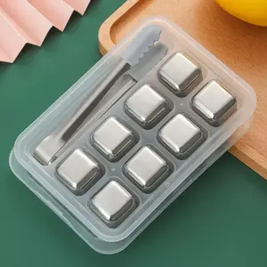 Stainless Steel Ice Cube, 8pcs Creative Ice Cube with Tongs, Ice Cube Tray, Quick Freeze Ice Cube for Beer, Beverage, Whiskey, Bar Utensils, Home Bar Accessories