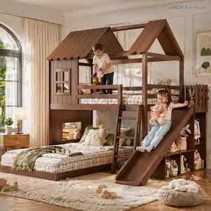 ARCH Twin-over-Full House Bunk Bed for Kids – Child-Friendly Multi-Child Bed with Ladders, Slides, Storage Shelves, Wardrobe, Playhouse Design, Deep Natural Finish, Child-Friendly Beds, Multi-Child Beds