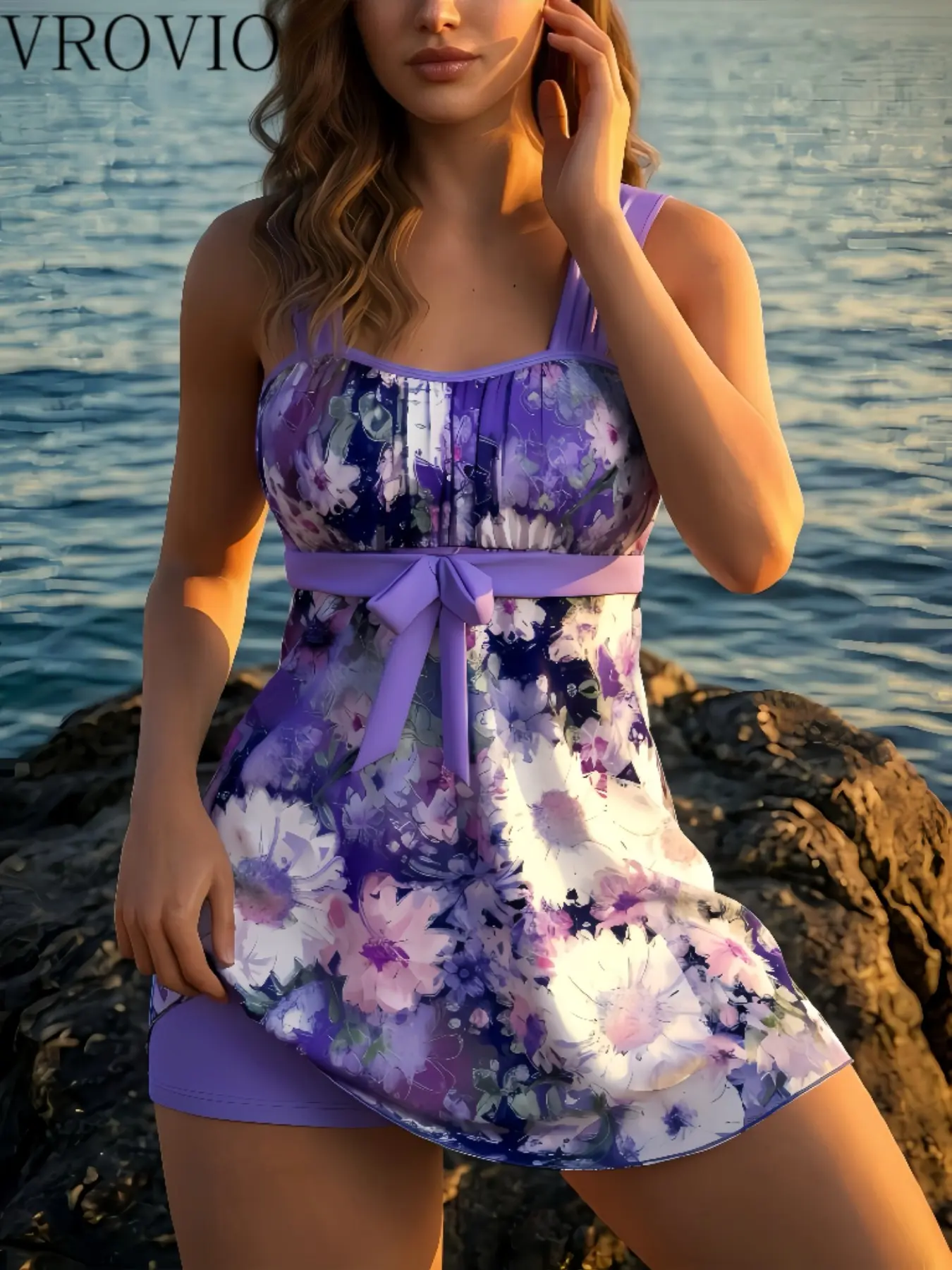 Women's Fashion Tankini Two-Piece Set, Floral Print Bohemian Knot Bust Gathered Buckle Vacation Beachwear, Tankini Swimsuit, Tankini Swimwear, Tankini Swimsuits Women, Bohemian Style Swimsuit, Summer Swimsuit, Flower Print Swimsuit