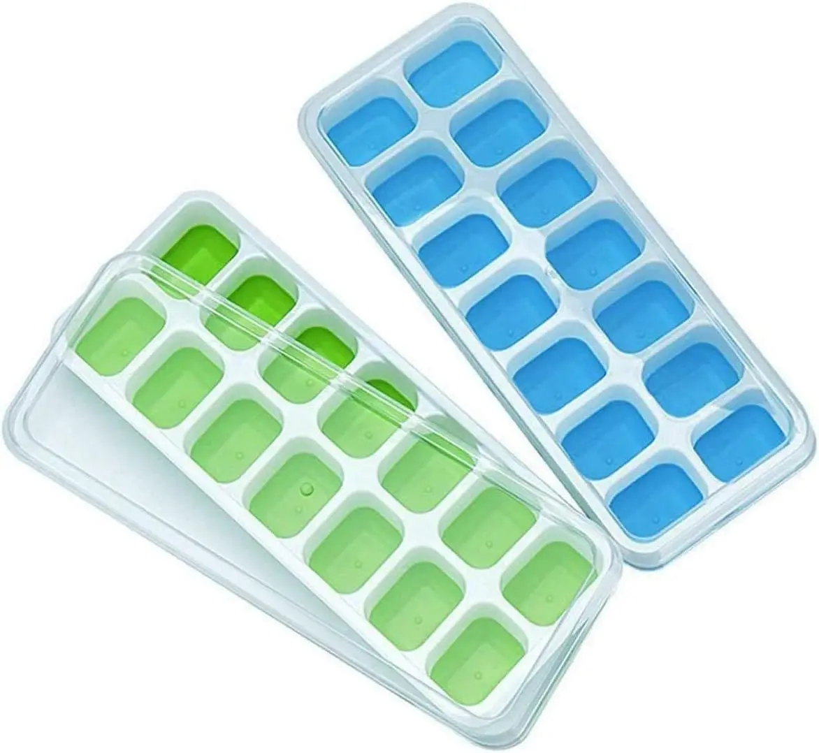 2-Pack Stackable Silicone Ice Cube Trays with Removable Lids - 14 Compartments, BPA-Free, Durable, Flexible, Easy Release, Spill-Resistant, Dishwasher Safe, Reusable Kitchen & Bar Utensils for Making Ice Cubes, Chocolate Filling, Freeze Herbs, Sauces, Or