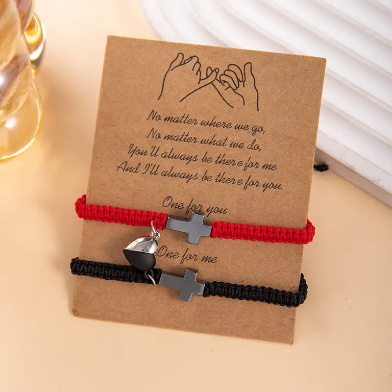 Magnetic Couple Bracelets, Red String of Fate Heart and Cross Magnetic Bracelet, His and Hers & Mother‑Daughter Gift for Valentine's Day and Anniversary, Adjustable Braided Cord