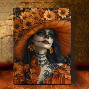 Vibrant Floral Skull Canvas Wall Art, Boho Sunflower Print, Perfect Halloween Decoration for Home Bar Office, Unique Skeleton Design