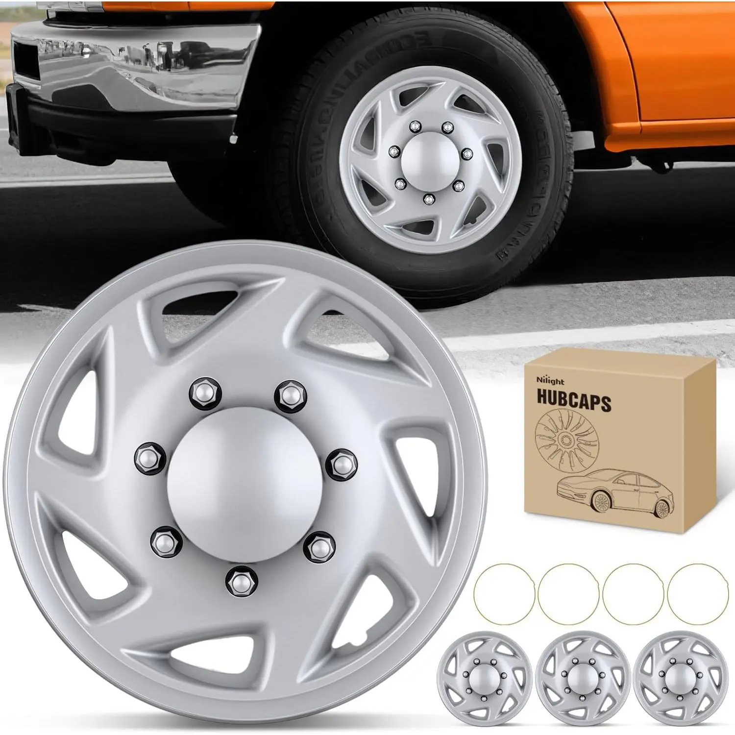 Nilight 16-Inch 7-Spoke Silver ABS+PC Hubcaps (Set of 4) for Ford Truck CEG 1998-2007 & Econoline MTD E250-E550 2008-2021, Waterproof Protection, Scratch Guard, Tool-Free Replacement (F8UZ1130AA), Wheel Protection