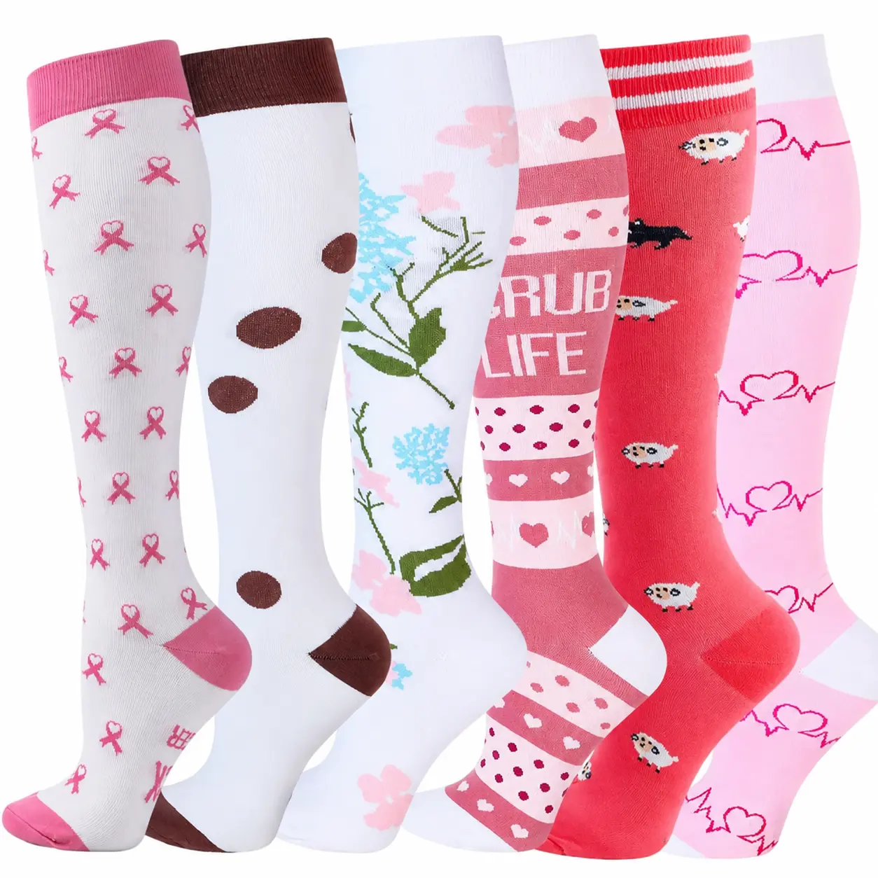 MhzyCaus Women’s Knee High Socks 6 Pairs, Cute Pattern Crew Socks for Women, Soft Stretch Long Socks with Heart Floral Dot Animal Designs, Comfy Breathable Socks for Daily Wear, School, Travel, Workout & Casual Outfits