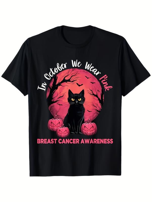 Women's Breast Cancer Awareness Full Print Crew Neck Short-Sleeve Campaign Tee - Black Cat & Pink Pumpkin Halloween Theme, Casual Cotton Relaxed Fit Top, October Pink Ribbon Support Gift