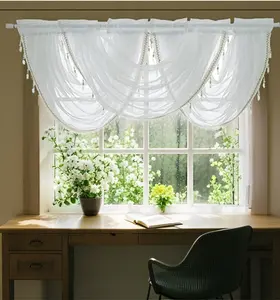 Tassel Waterfall Valance Sheer Curtains,White Silver Silk Line Luxury Beaded Valance Sheer Window Curtain Rod Pocket Valance Drapes,57W x 37L Inch,1 Panel new
