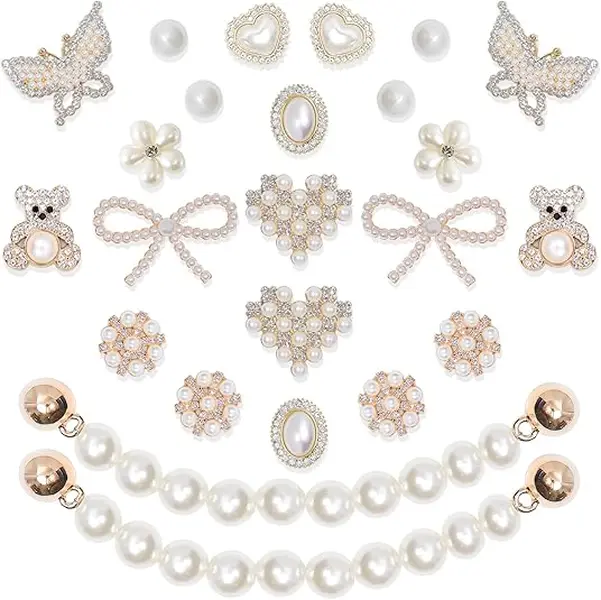 24PCS Bling Shoe Charms with pearls, flowers & rhinestones. Perfect for clogs & sandals, add sparkle for parties, birthdays & cute everyday style