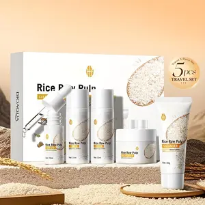 1 box of 5 pieces rice skincare set, enriched with rice extract, women's moisturizing facial care set, rice facial skincare set, includes rice cleansing foam, toner, essence, cream, and lotion, mini travel size.