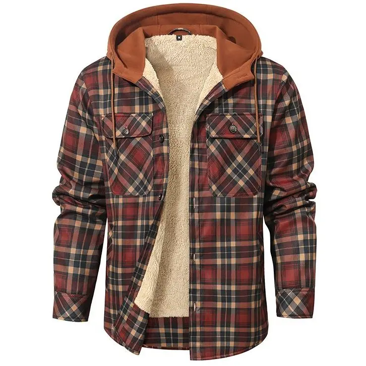 Zaitun Men's Casual Plaid Polyester Shacket, Soft Hooded Workwear with Long Sleeves for Outdoor Menswear Tops, Longsleeves, Checked, Fitted, Functional Pockets