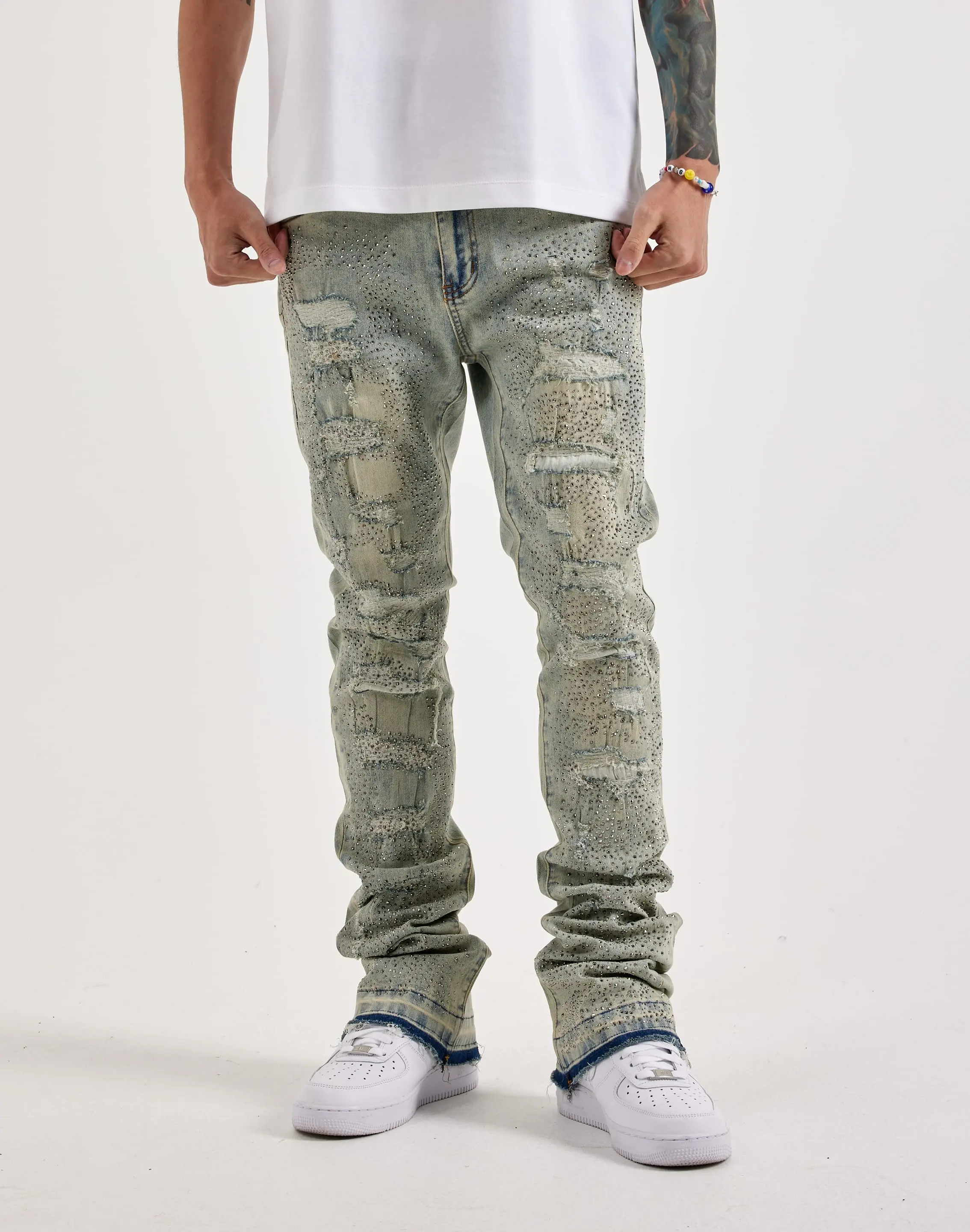 Mens WAIMEA Stacked Rhinestone Distressed Denim Jeans
