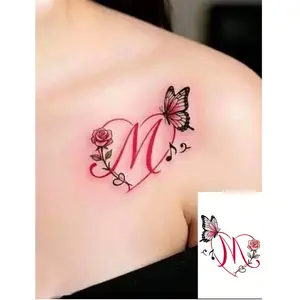 Waterproof Sweat-Resistant Washable Temporary Tattoo Sticker, Romantic -Toned Letter Design with Rose & Butterfly Elements Sticker Tattoos Fake Tattoos