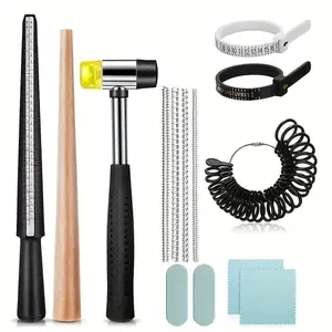 TOOLTOS 14PCS DIY Beads Jewelry Making Kit - Wood Ring Size Measuring Rod, Wooden Ruler, Ring Adjusters, Rubber Hammer, Cleaning Cloths, Polishing Rods, Adjustable Beaded Chain for Handmade Crafts