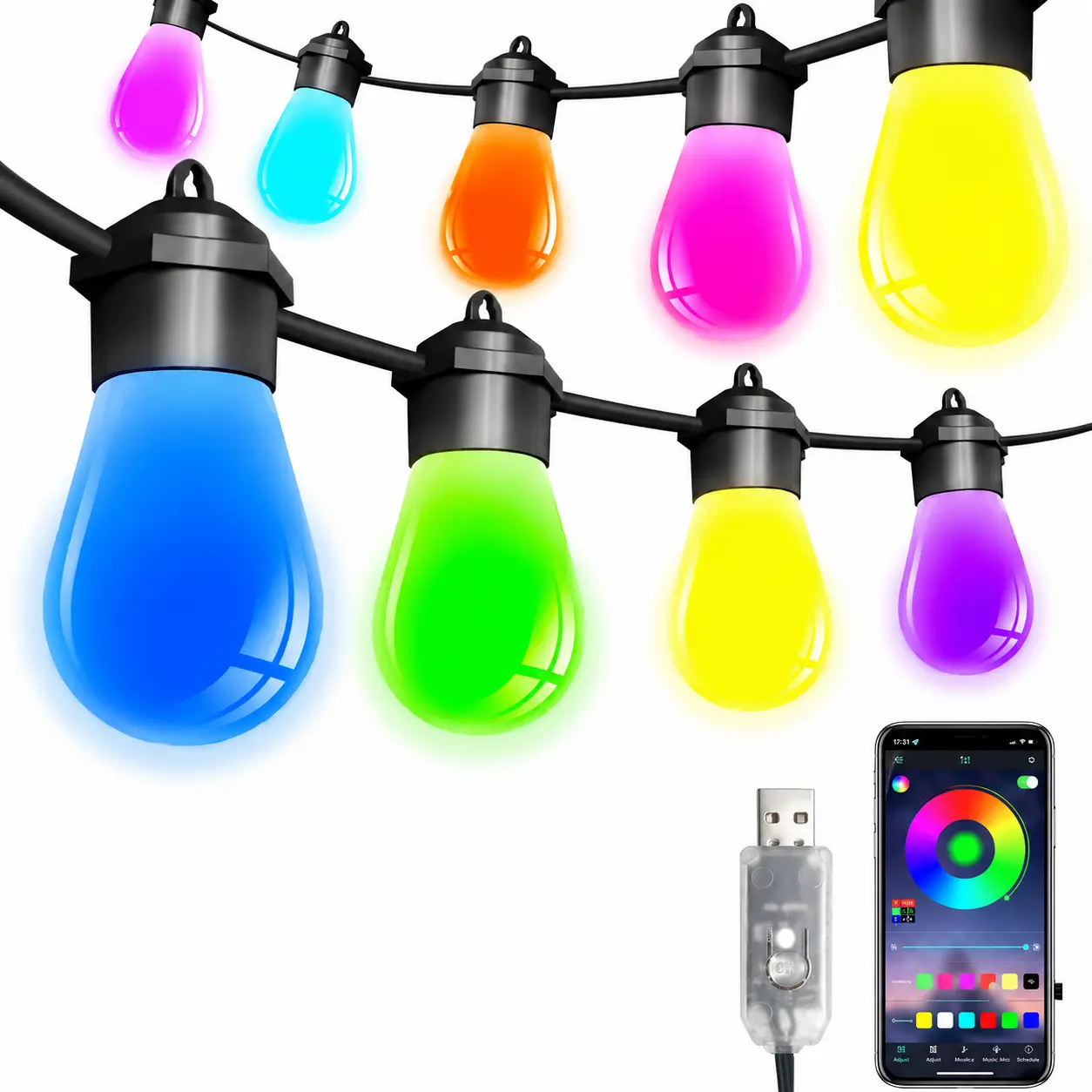 34FT Dimmable Color-Changing LED String Lights Outdoor, 15 S14 RGBAI Warm White Globe Edison Bulbs, USB APP Control Music Sync 213 Modes Waterproof Party Lights for Colorful RGB Patio Decor