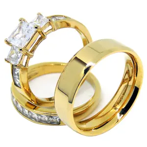 Lanyjewelry 3-Piece Couples Engagement Wedding Ring Set - Women's 14 Karat Gold-Plated Princess Cut 3-Stone Fashion Engagement Ring, Men's Gold Stackable Flat Band, Engagement Wedding Rings, Gold Stackable Rings