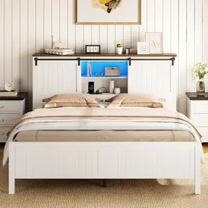 Farmhouse Bed Frame with Storage, Farmhouse Bed with Charging Station and Led Light, Bed Frame with Sliding Barn Door