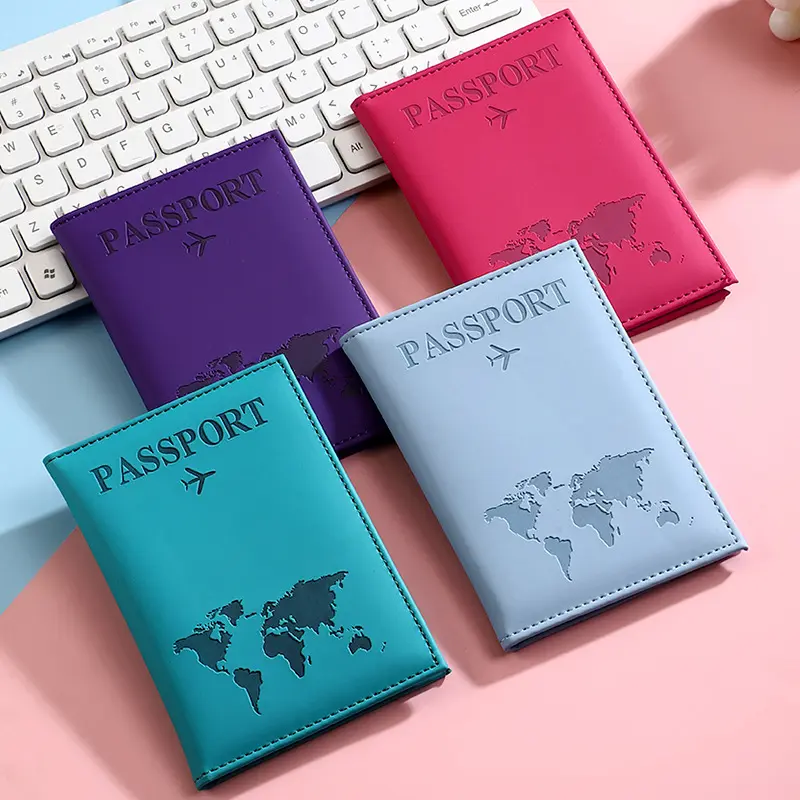 Embossed World Map Leather Passport Holder - RFID Anti-Theft Compact Travel Wallet Case, Unisex Outdoor Vacation Gift Passport Sleeve for Men and Women