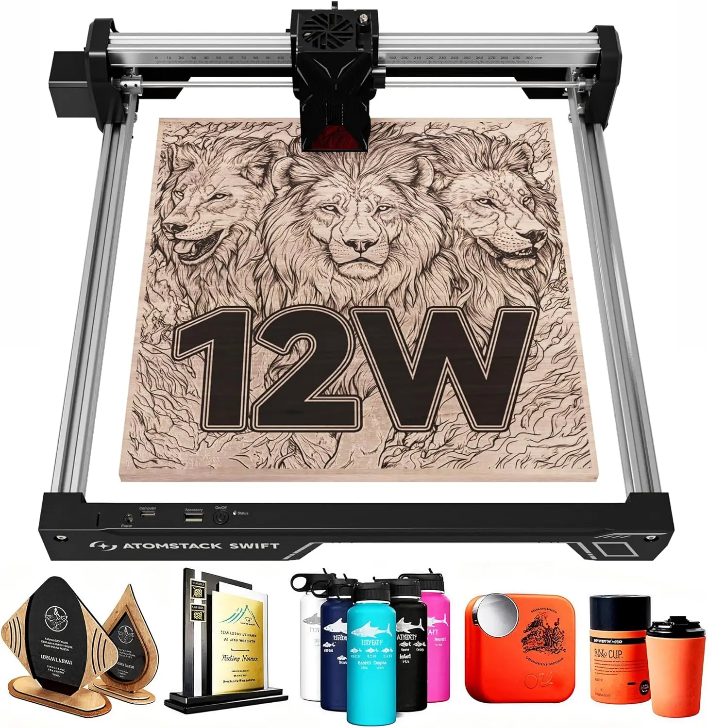 ATOMSTACK Swift 12W Laser Engraver WHigh-Precision Laser Cutting And Engraving Machine + R8 High-Precision Laser Rotary Roller, 300 x 300 mm Ultra-Accurate Working Area,  , Friendly Wood Sign Leather Coating Metal Lettering Craft Tools