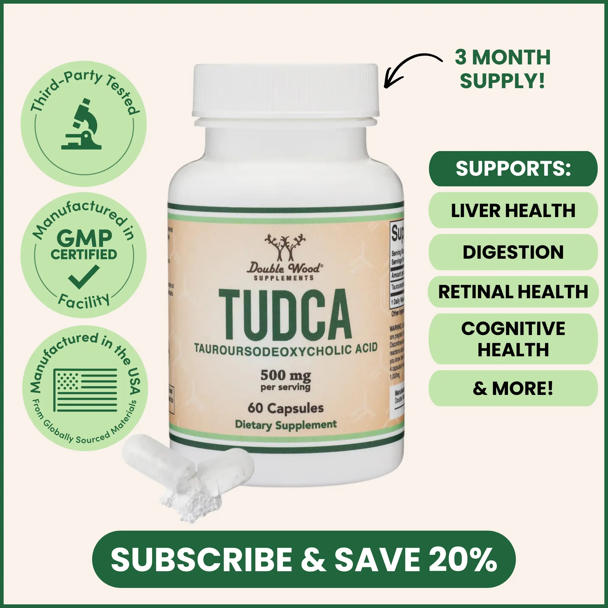 Tudca | 500 mg | 60 Count | Support Liver Regenesis | Support Eye Health | Double Wood Supplements